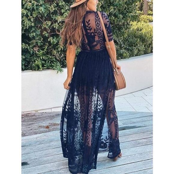 ELeter NWT Sexy V Neck Blue Lace Romper Short Sleeve Maxi Dress Small - Picture 6 of 6